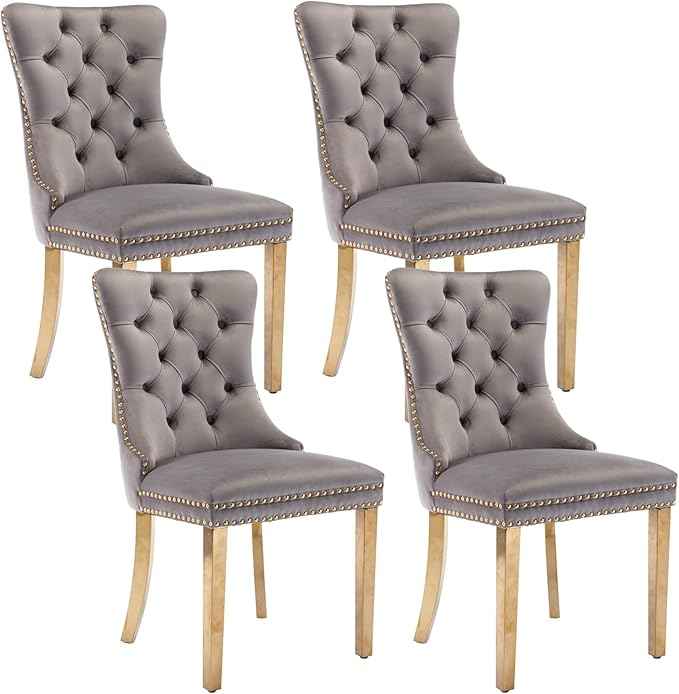 Gray Velvet Dining Chairs Set of 4, Upholstered Dining Room Chairs with Back Ring Pull Trim and Golden Stainless Steel Legs,Modern Kitchen Chairs for Dining Room,Living Room,Kitchen(Grey)