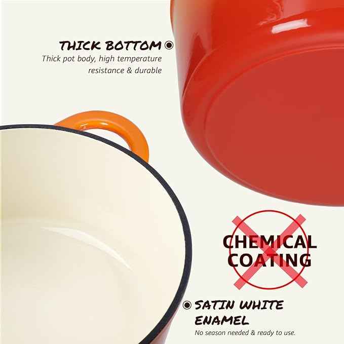 Overmont Enameled Cast Iron Dutch Oven - 7QT Pot with Lid Cookbook & Cotton Potholders - Heavy-Duty Cookware for Braising, Stews, Roasting, Bread Baking orange