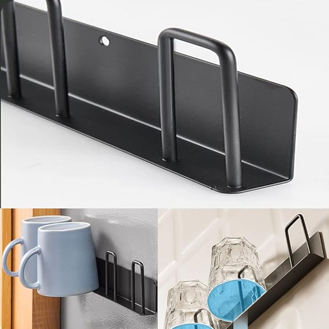 BAIEUEJO 2pcs Mug Hooks Wall-Mounted Mug Holder, Coffee Cups Holder Hanger no Drilling,Mug Rack Hooks with 4 Cup Holders,RV Must Haves Cups Storage Hooks for Kitchen,Living Room,Office (Black)
