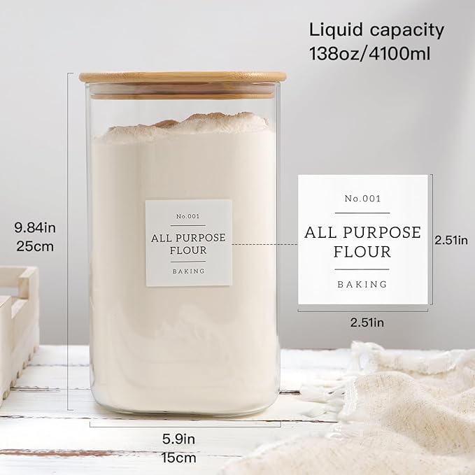 HHMJSM Large glass flour and sugar containers with 132 Kitchen Pantry Labels - 138 FL OZ Glass Food Storage Containers with Airtight Lids - Square Glass Jars Rice with Bamboo Lids
