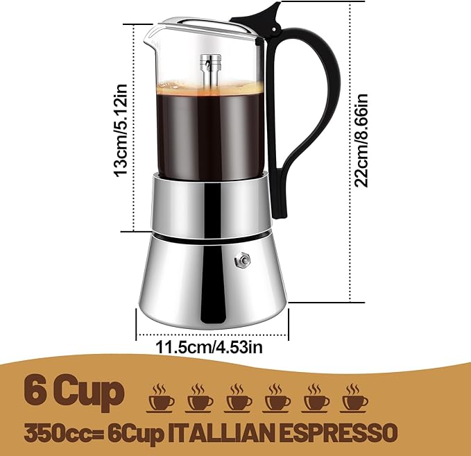 4 Cup Glass Transparent Moka Pot Stainless Steel Uncoated Stovetop Espresso Maker Italian Coffee Makers Mocha Greca Machine Cafe Classic Induction Cookers for Home Camping 220ml