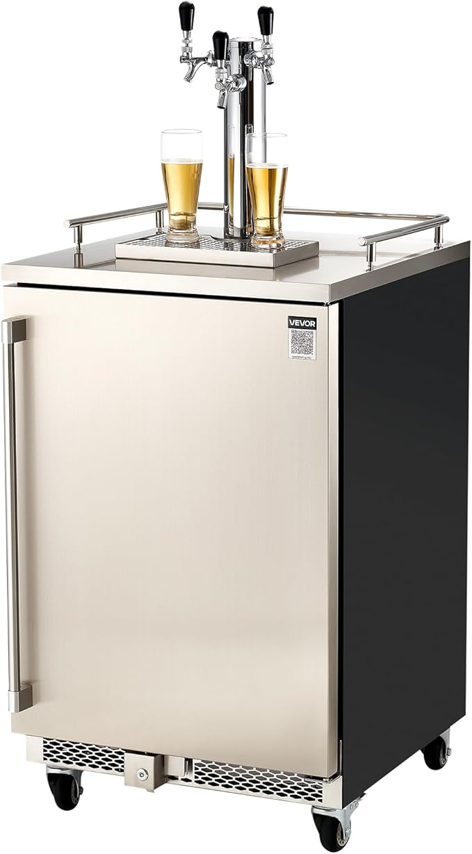 VEVOR Beer Kegerator, Triple Tap Commercial Draft Beer Dispenser for D system, Full Size Keg Refrigerator with 5lbs CO2 Tank, Hold 3 Sixth/2 Slim/3 Ball lock keg (3 taps - D system - stainless steel)