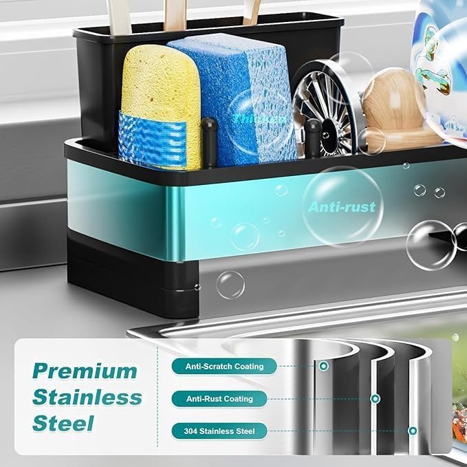 304 Stainless Steel Sink Caddy with Auto-Drain, Kitchen Sink Organizer Sponge Holder with Towel Rack & Removable Brush Holders, Countertop Storage for Soap Dispenser, Dishcloth, Kitchen Accessories