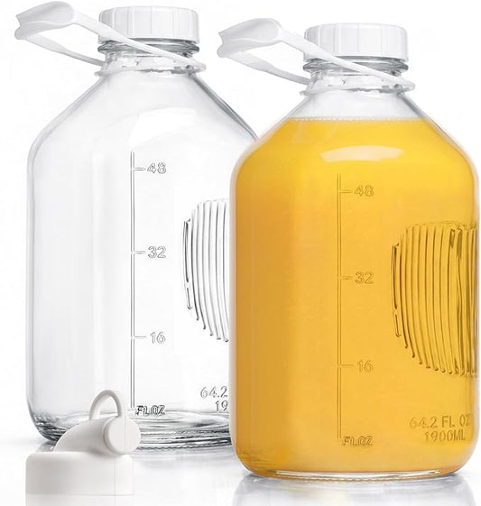CUCUMI 2 Pack 64 Oz Glass Milk Bottle with Reusable Strong Airtight Screw Lid, 2 Qt Glass Juice Bottles for Almond Milk