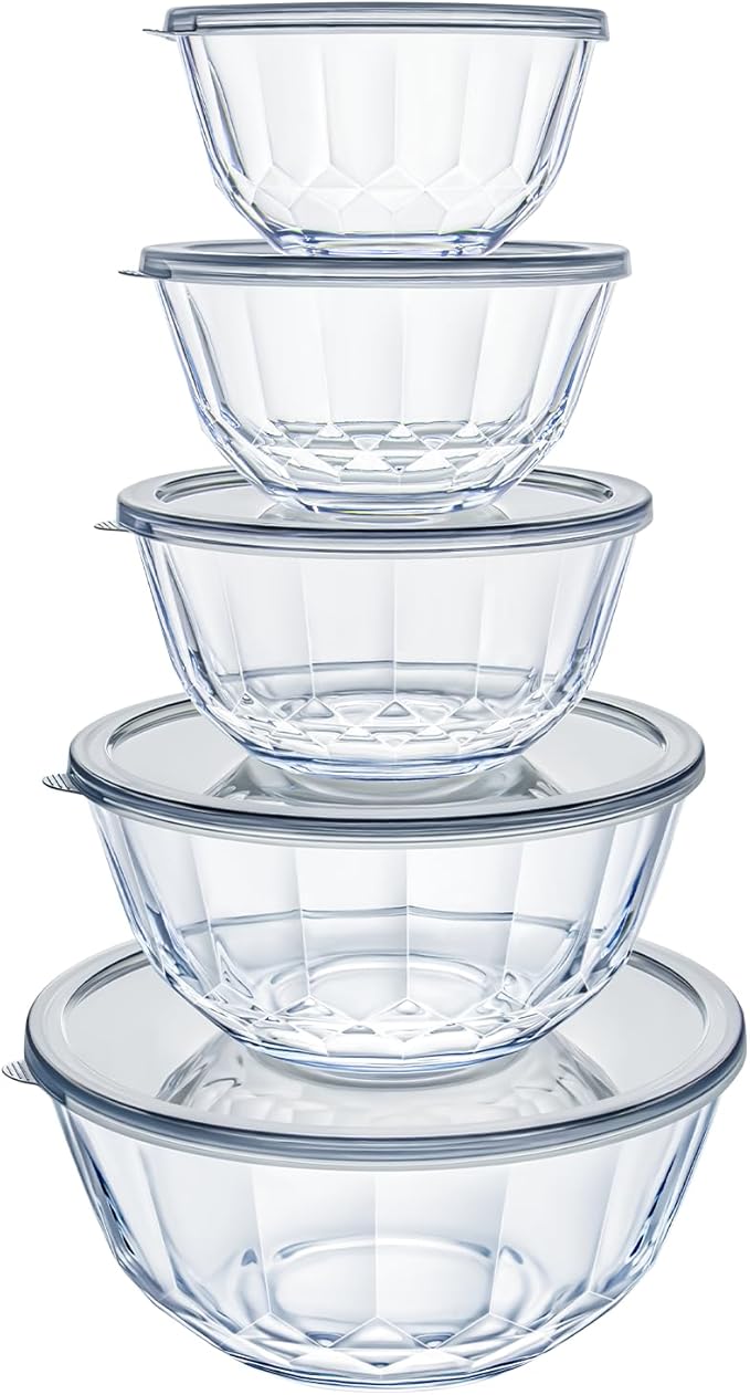 Luvan 5-Piece Glass Mixing Bowls Set with Lids - Clear Salad Bowls with Lids Set, Diamond Pattern Large Glass Mixing Bowl for Baking Prep, Serving & Storage