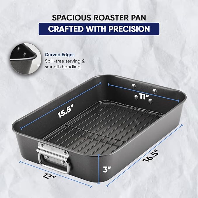 Roasting Pan for Ovens Nonstick Heavy Duty Roasting Pan with Rack Large 11 inch x 15.5 inch For Delicious Family Meals for Cooking Roaster Pan for Meats, Turkey, & Vegetables