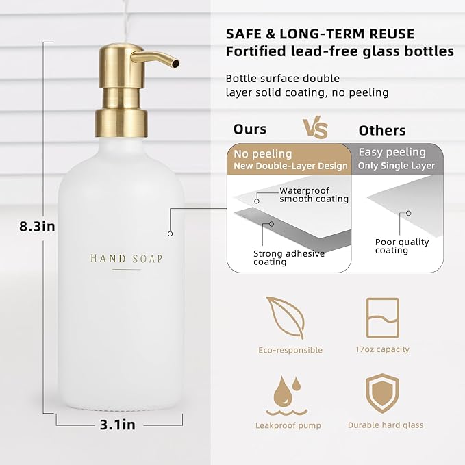 Soap Dispenser Bathroom - Dish and Hand Soap Dispenser Set, Glass Soap Lotion Dispenser with Pump for Kitchen with Tray, Waterproof Labels, 2 Lotion White Bottle/Gold Pump N
