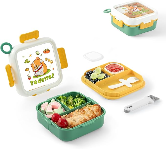 Bento Box for Kids & Adults – Cute Cartoon 2-Layer Lunch Box with Fork, Sauce Cup & Brush, BPA-Free, 3-Compartment Square Snack Container with Handle for School, Office, or Travel (Green)