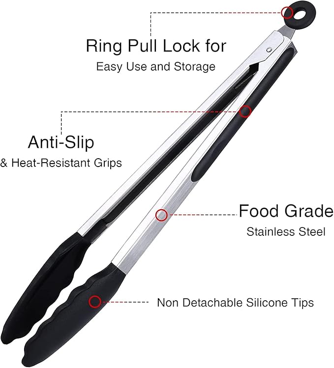 Kitchen Tongs Set of 3, Black Cooking Tongs with Silicone Tips, Non-Stick Non-Scratch Heat Resistant Tongs for Grilling Cooking BBQ Buffet Salad (Black, 7/9/12 Inch)