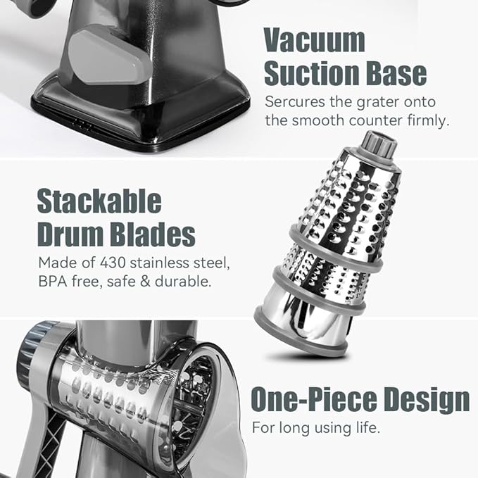Cheese Grater Rotary Cheese Grater,Versatile Cheese Shredder,Blades for Shredding, Grating, Slicing,Cheese Shredder with Suction Base and Cleaning Brush Kitchen Gift (gray)