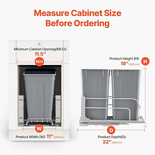 VEVOR Pull-Out Trash Can, 27 QT x2 Double Under Mount Kitchen Waste Container, Heavy Duty Garbage Recycling Bin with Door Kit and Soft Close Slide, for Kitchen Cabinet, Sink, Under Counter (Grey)