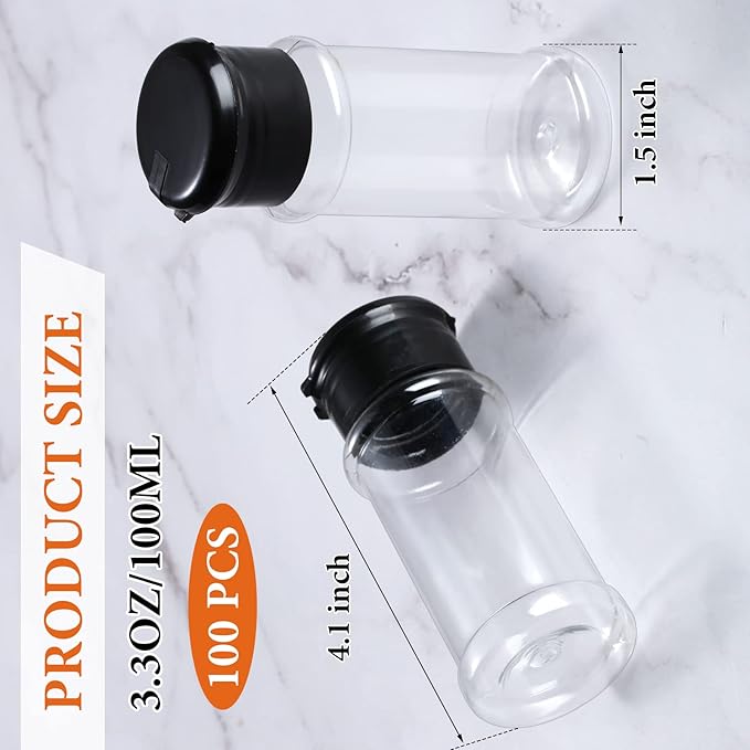 Amyhill 100 Pcs Plastic Spice Bottles Spice Jars Seasoning Jars Shaker Plastic Jars 3.3 Oz/ 100ml Seasoning Shaker with Shaker Lids(Green, Red, Black Lid)