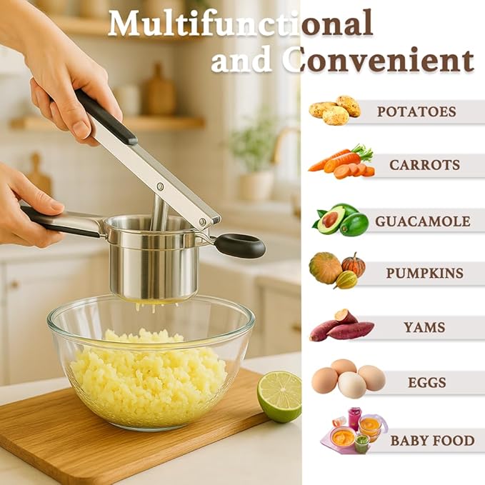 Large Potato Ricer, Heavy Duty Stainless Steel Potato Ricer and Masher, Press and Mash Kitchen Gadget for Potatoes and Vegetables