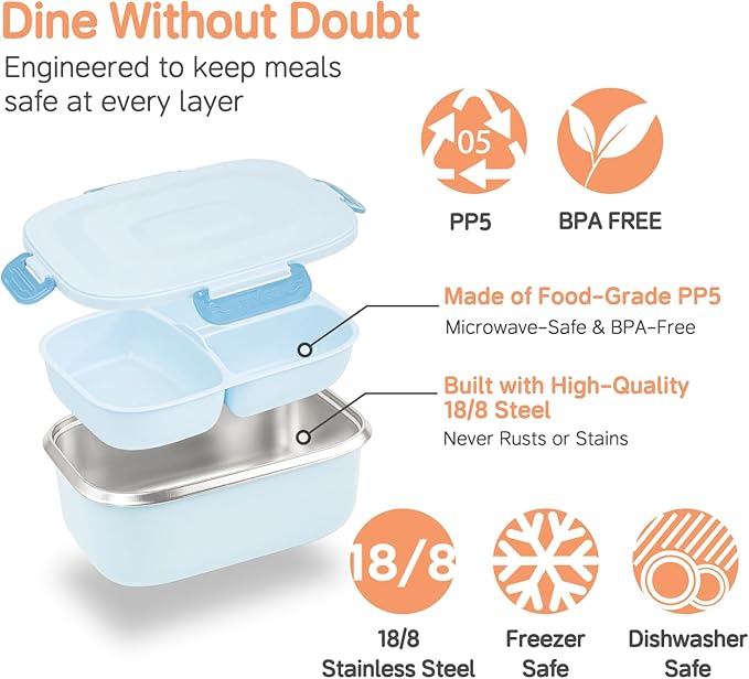 18/8 Stainless Steel Bento Box, Bento Lunch Box with Soup Bowl for Kids and Adults, Food Containers with Bag for Office or School, Blue