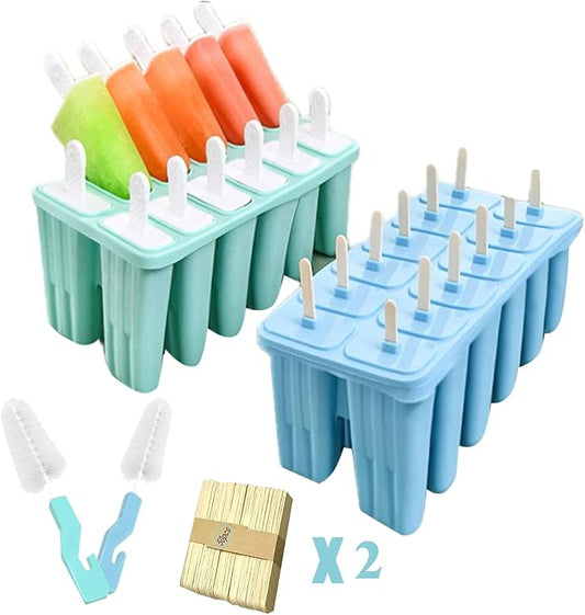 2 Sets of 12 Cavity Silicone Popsicles Molds with Brush 100 pcs Sticks Blue Green