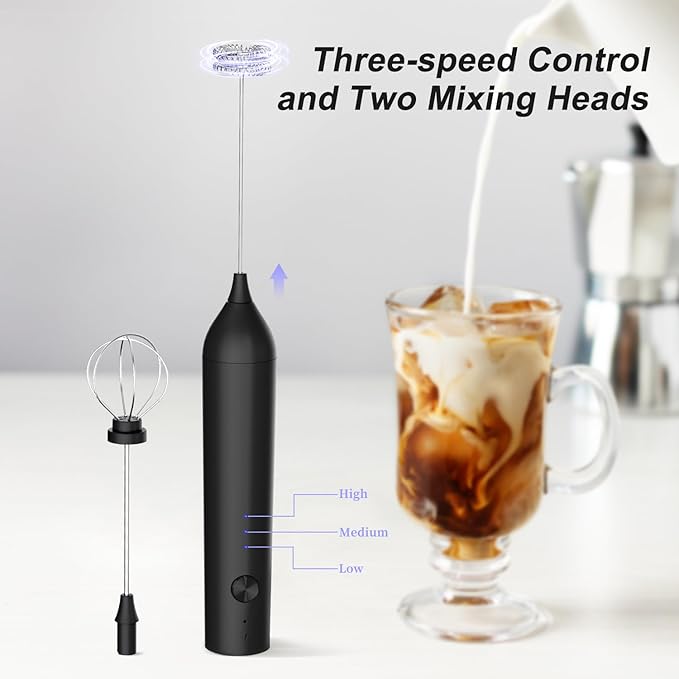 Rechargeable Milk Frother by ELMWAY, 3 Speed Electric Milk Frother Handled with Wand and Egg Whisk Attachments, for Coffee, Matcha and Protein Powder (Black without Stand)