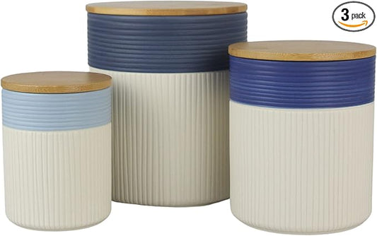 10 Strawberry Street Luca Ombre Embossed Ceramic Kitchen Canister Set, Set of 3, Matte Blue/White, Bamboo Lids