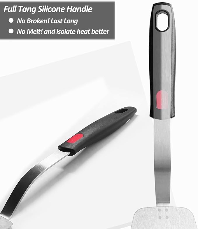 Stainless Steel Flexible Spatula Turner, VOVOLY Thin Metal Slotted Spatula for Cast Iron Skillet, Thin Blade and Heat Resistant Silicone Handle, Great for Egg, Cookie, Meat, Crep, Medium