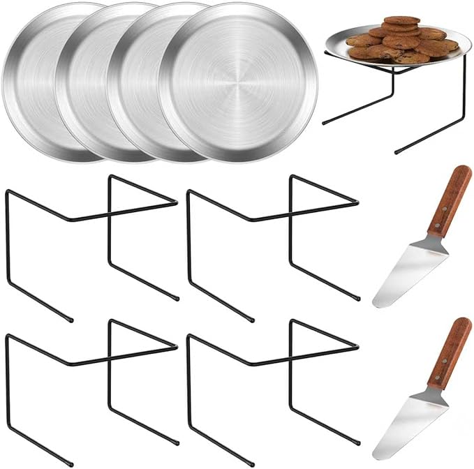 4 PCS Pizza Stand Holder, Black Metal Pizza Pan Display Stands for Buffet Restaurant Home, 4 Pizza Pan and 2 Wood Handle Pie Server