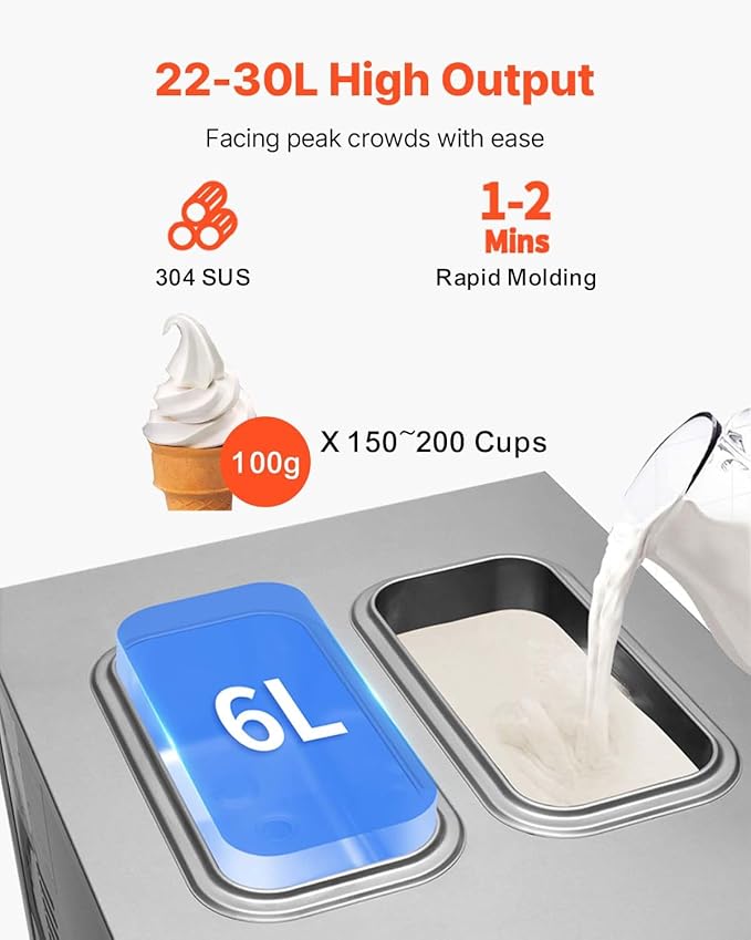 VEVOR Commercial Ice Cream Maker, 22-30L/H Yield, Countertop Soft Serve Machine with 2x6L Hopper 2L Cylinder LCD Panel Puffing Shortage Alarm, Frozen Yogurt Maker for Restaurant Snack Bar