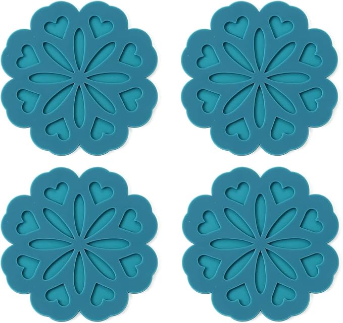 Set of 4 Silicone Trivet Mat - Hot Pot Holder Hot Pads for Table & Countertop - Trivet for Hot Dishes - Non-Slip & Heat Resistant Modern Kitchen Hot Pads for Pots & Pans, Teal
