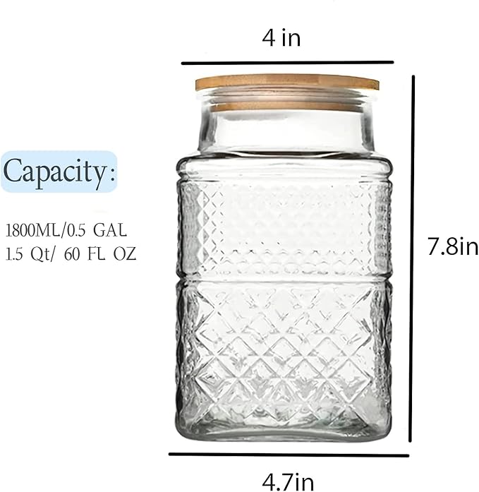 Large Glass Storage Jar, 2 Pack 60 FL OZ Glass Food Storage Containers with Bamboo Lid, Kitchen Laundry Room Organization Decorative Jar for Candy Cookies Coffee Beans Flour Nuts Airtight Glass Jars