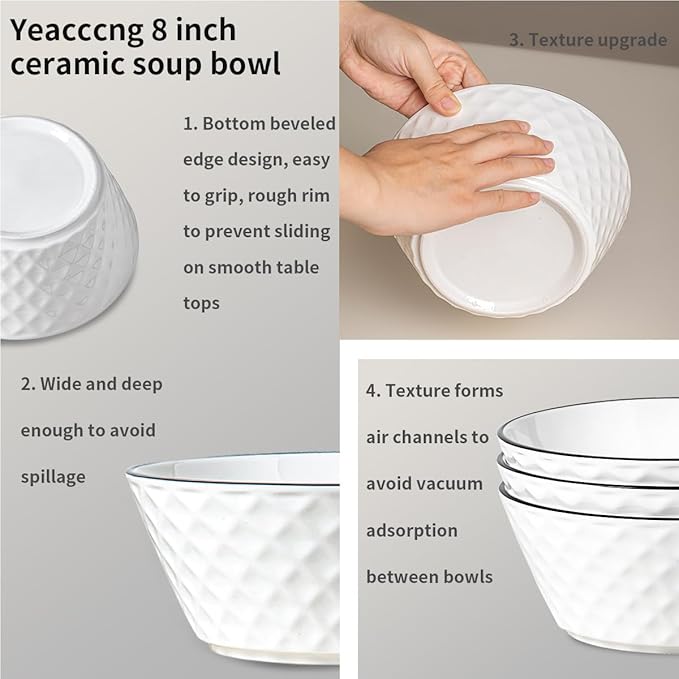 Yeacccng Ceramic Soup Bowls Set of 3, 46oz Deep Soup Bowls, Scratch-Resistant, Lead-Free, 8 inch Diamond Pattern Soup Bowl for Oatmeal,Salad,Pasta,Soups,Dessert,Fruits, Dishwasher & Microwave Safe