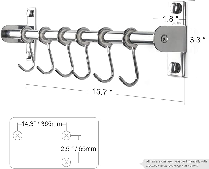 Sliding Hooks, Wall Mounted Rail, Stainless Steel Utensil Holder and Pot Lid Rack for Kitchen Tools, Towel, Pot Pan, Loofah, Spoon - Polished Finish, 6 Hooks
