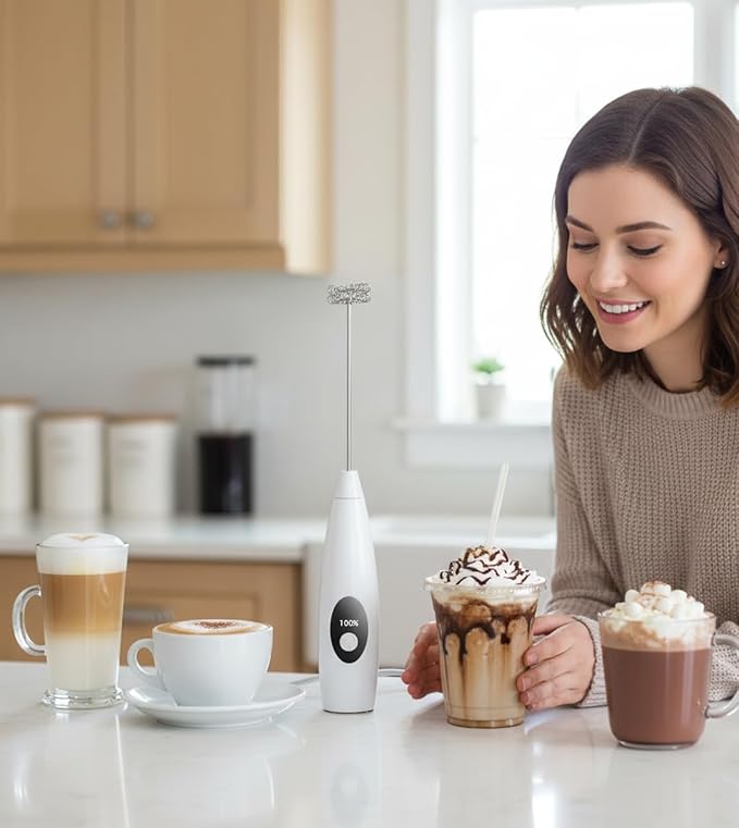 Rechargeable Milk Frother Handheld, 3-Speed Coffee Frother Handheld with Battery and Speed Indicator, Electric Whisk Frother Wand for Coffee, Latte, Cappuccino, Frappe Drink, Hot Chocolate