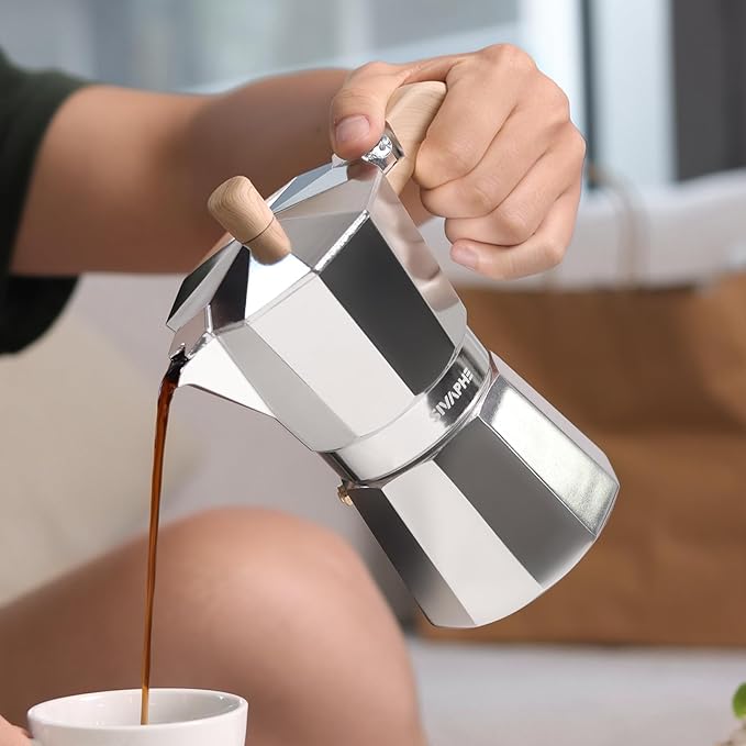 Sivaphe Aluminum Moka Pot 3 Espresso Cups, Percolator Espresso and Coffee Maker, Portable Stovetop Italian and Cuban Café Brewer for Home and Camping Sliver
