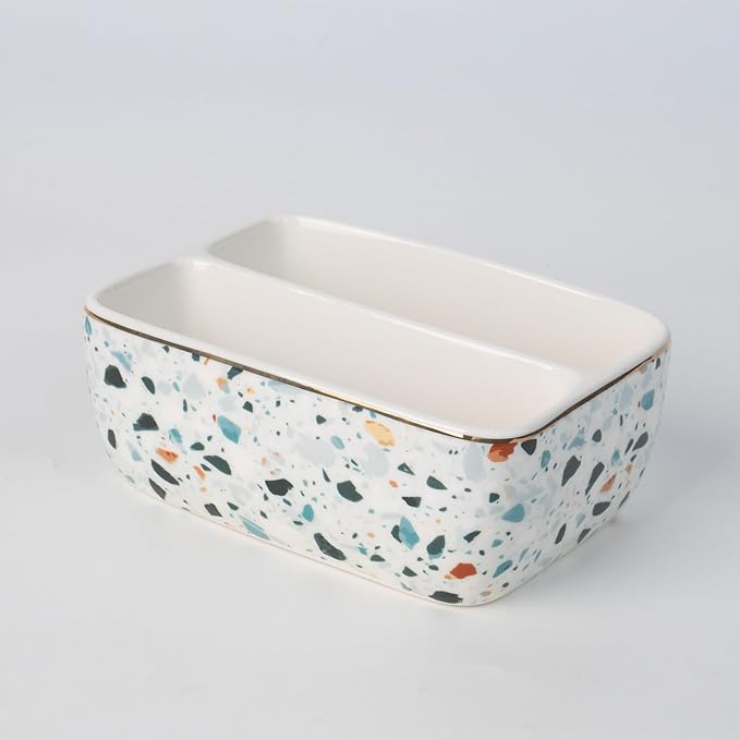 2 Compartments Ceramic Sponge Holder for Kitchen Sink, Unique Terrazzo Marble Pattern Countertop Dish Sponges Holder Soap Sink Organizer Caddy Farmhouse Home Kitchen Decor Light Blue