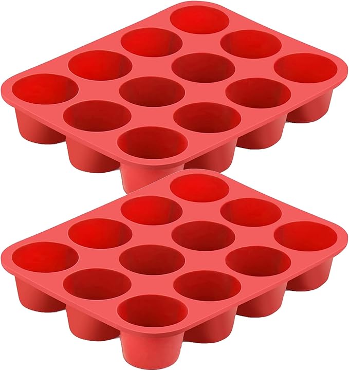 Silicone Muffin Pan, 12-Cup Non-Stick Popover Baking Tray for Muffins, Brownies, Yorkshire Puddings, Red, 12.4 x 9.5 Inch, Set of 2