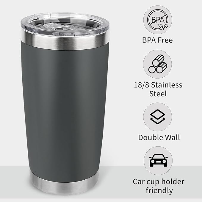 20oz Stainless Steel Tumbler with Lid, Travel Mug - Double Wall Vacuum Powder Coated Cup - Grey, 1 Pack