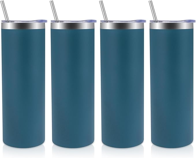 Volhoply 4 Pack Skinny Tumblers with Lid and Straw, 20oz Stainless Steel Straight Tumbler Bulk, Vacuum Insulated Coffee Mug for Home, Office, Travel, DIY (Dark Green,4 Pack)
