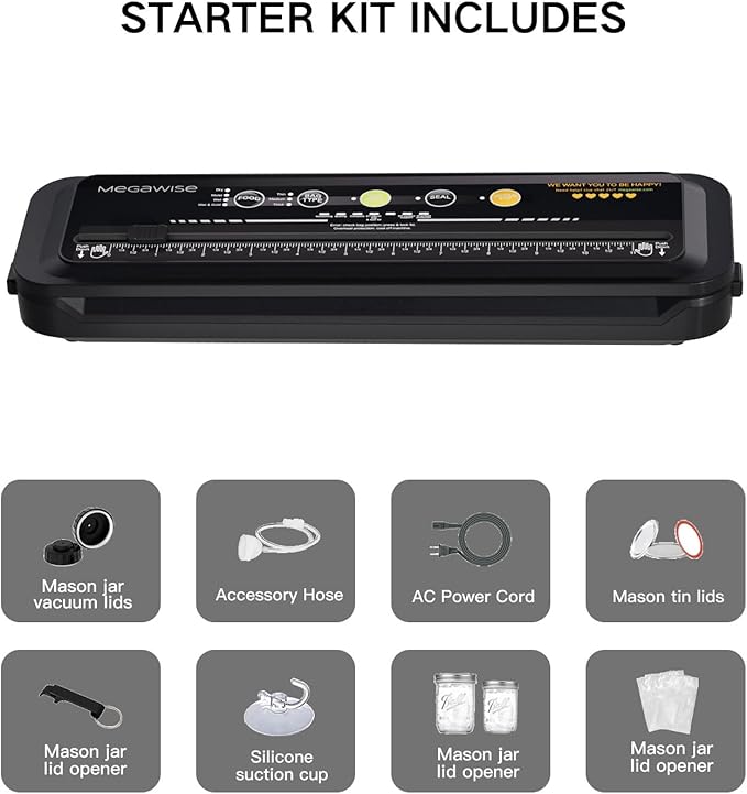 MEGAWISE Food Vacuum Sealer w/Starter Kit with Accessory Hose for Wide and Regular Mouth Sealer, Compact Design with 10 Vacuum Bags & Built-in Cutter
