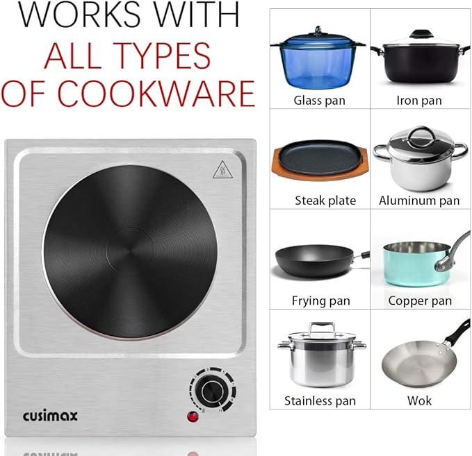 CUSIMAX Electric Hot Plates, 1500W Single Burner, Hot Plate for Cooking Electric Burner, Portable Countertop Burner, 7.4 "Stainless Steel Embedde Burner, For Home/Office/RV/Camp, Easy to Clean