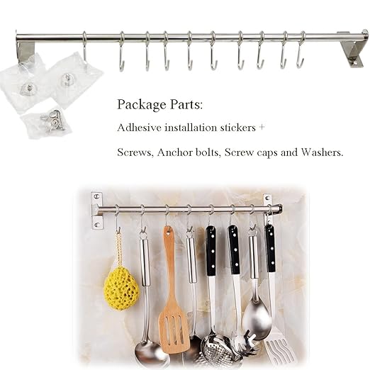 Kitchen Sliding Hooks, Stainless Steel Hanging Rack Rail Organize Kitchen Tools with 10 Utensil Removable S Hooks for Towel, Pot Pan, Spoon, Coats, Bathrobe, BBQ,Wall Mounted Hanger