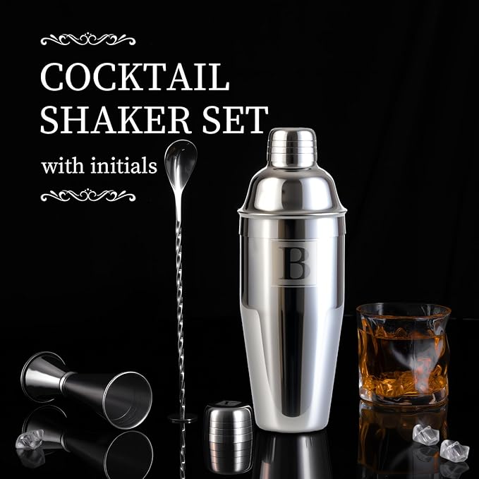 24oz Cocktail Shaker Set with 1 oz 2oz Jigger - Monogramm Initials Martini Shaker Set - 304 Stainless Steel Bar Shaker for Margarita,Mojito-Personalized Gift for Friend,Husband-W