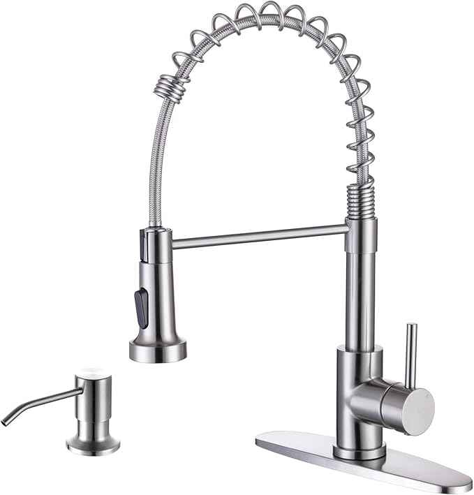 WEWE Kitchen Sink Faucet with Soap Dispenser, Kitchen Faucet with Pull Down Sprayer Stainless Steel Single Handle High Arc Pull Out Brushed Nickel Faucet for Bar Laundry RV Utility Sink