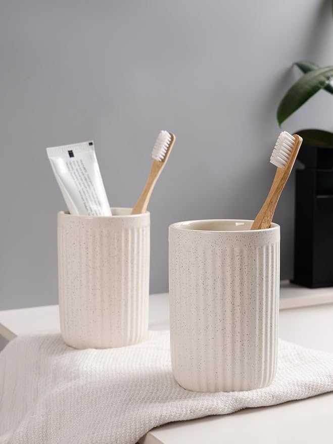 Bosilunlife Soap Dispenser and Toothbrush Holder Set - 11Oz Foam Soap Dispenser Pump Ceramic Bathroom Counter Soap Toothbrush Holder Set Beige Bathroom Accessories Set