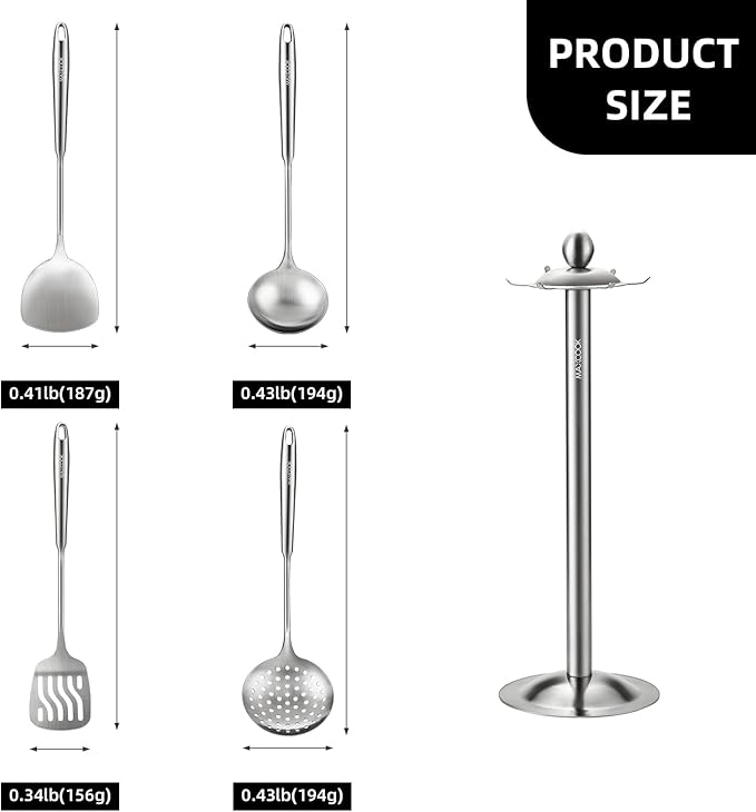 5 Pieces Cooking Utensils set, 18/8 Stainless Steel Kitchen Utensil Set with Rotating Holder (Dishwasher Safe)