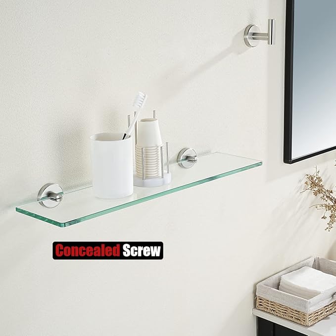 JQK Bathroom Glass Shelf, Tempered Glass Shower Storage 24 by 5 inches, 304 Stainless Steel Brushed Finish Wall Mount, TGS101L24-BN
