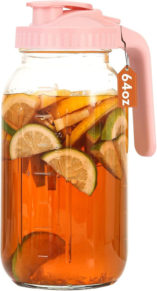Mihlapi Glass Pitcher with Lid, 64 OZ Mason Jar Pitcher Double Leak Proof, 2 Quart Breast Milk Storage Containers for Fridge, Wide Mouth Glass Jar for Sun Tea, Juice, Cold Brew Coffee