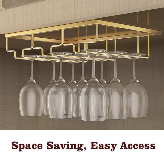 Nuovoware Wine Glass Rack - Under Cabinet Stemware Wine Glass Hanger Rack Holder for Bar Kitchen Cabinet, 3 Rows - Gold