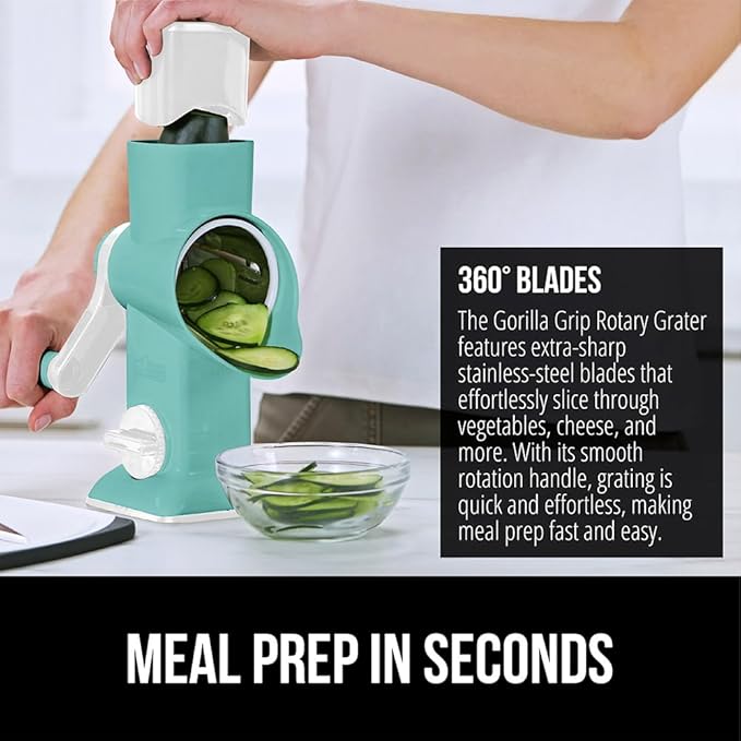 GORILLA GRIP BPA-Free Rotary Cheese Grater Hand Crank, Easy to Set Up, Strong Suction Base for Kitchen Countertop, Shred Potato, Vegetable, Nuts in Seconds, Round Mandoline Slicer, 3 Blades, Mint