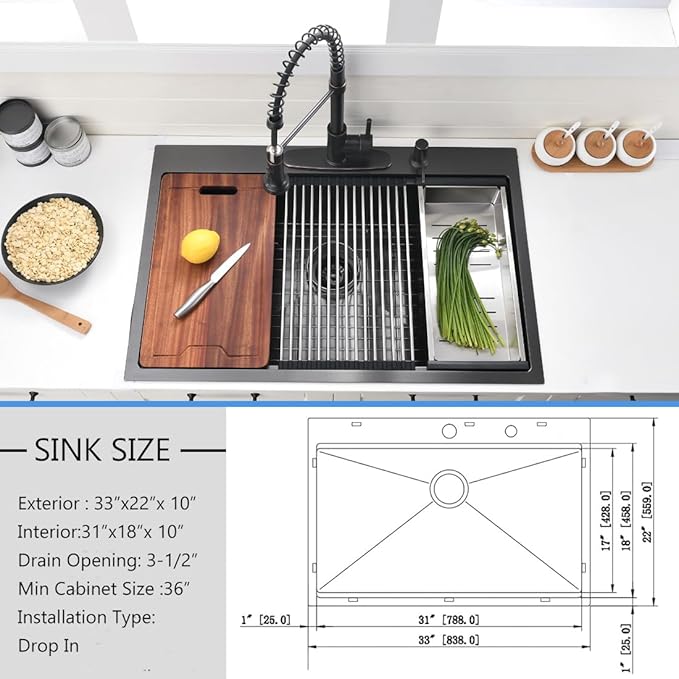 33 Inch Black Drop In Kitchen Sink Workstation - VOKIM 33x22-Inch Drop In Sink Stainless Steel Top Mount 16 Gauge Single Bowl 10'' Deep Handmade Kitchen sink with Cutting Board& Strainer