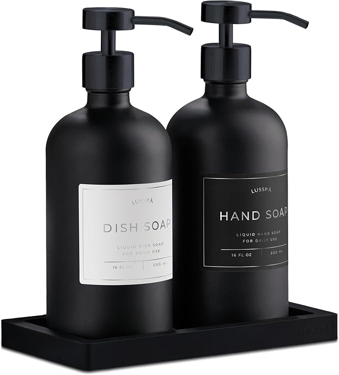 Glass Soap Dispenser Set of 2 (Black) with Silicone Tray | Hand and Dish Soap Dispenser for Kitchen and Bathroom | 16.8 Oz Glass Bottles with Stainless Steel Pump & 15 Waterproof Labels (Black)
