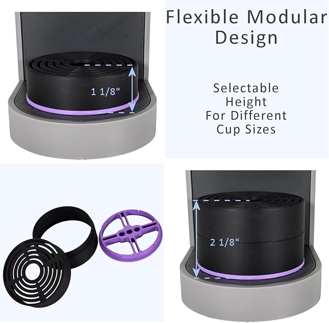 Elevate Anti-Splash Cup Riser Accessory for most Keurig K-cup, Cuisinart Single Serve, and other Coffee Makers, Adjustable for Cup Size and Drip Tray Type (Black with Lilac Base)