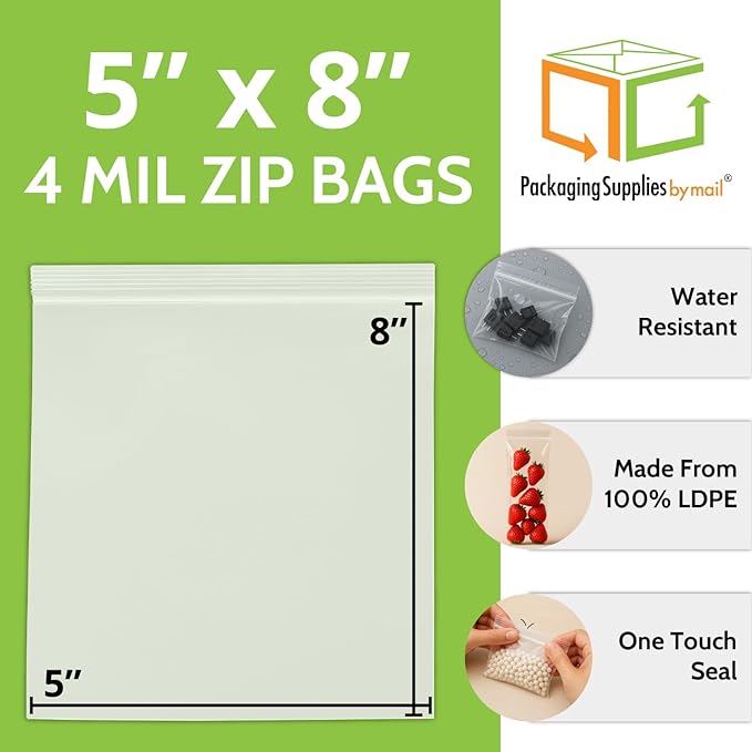 PSBM 1000 Count 4 Mil 5 Inch x 8 Inch, White Block Reclosable Poly Bags, With Write-On Block, Clear Zip Plastic Bag, Lock Seal Zipper For Packing, Storing, Organizing & Shipping Products