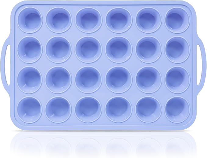 Mini Silicone Muffin Pan with Metal Frame, Non Stick Silicone Cupcake Pan with Handles 24 Cup, BPA Free Silicon Muffin Tin Tray Small for baking, egg bites, Cupcake Mold Blue